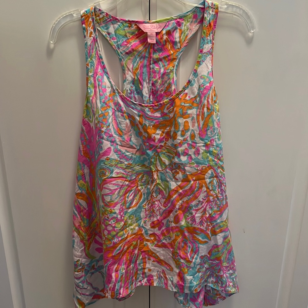 Lilly Pulitzer Sarina Scuba to Cuba Print Silk Racerback Tank Top Size XS